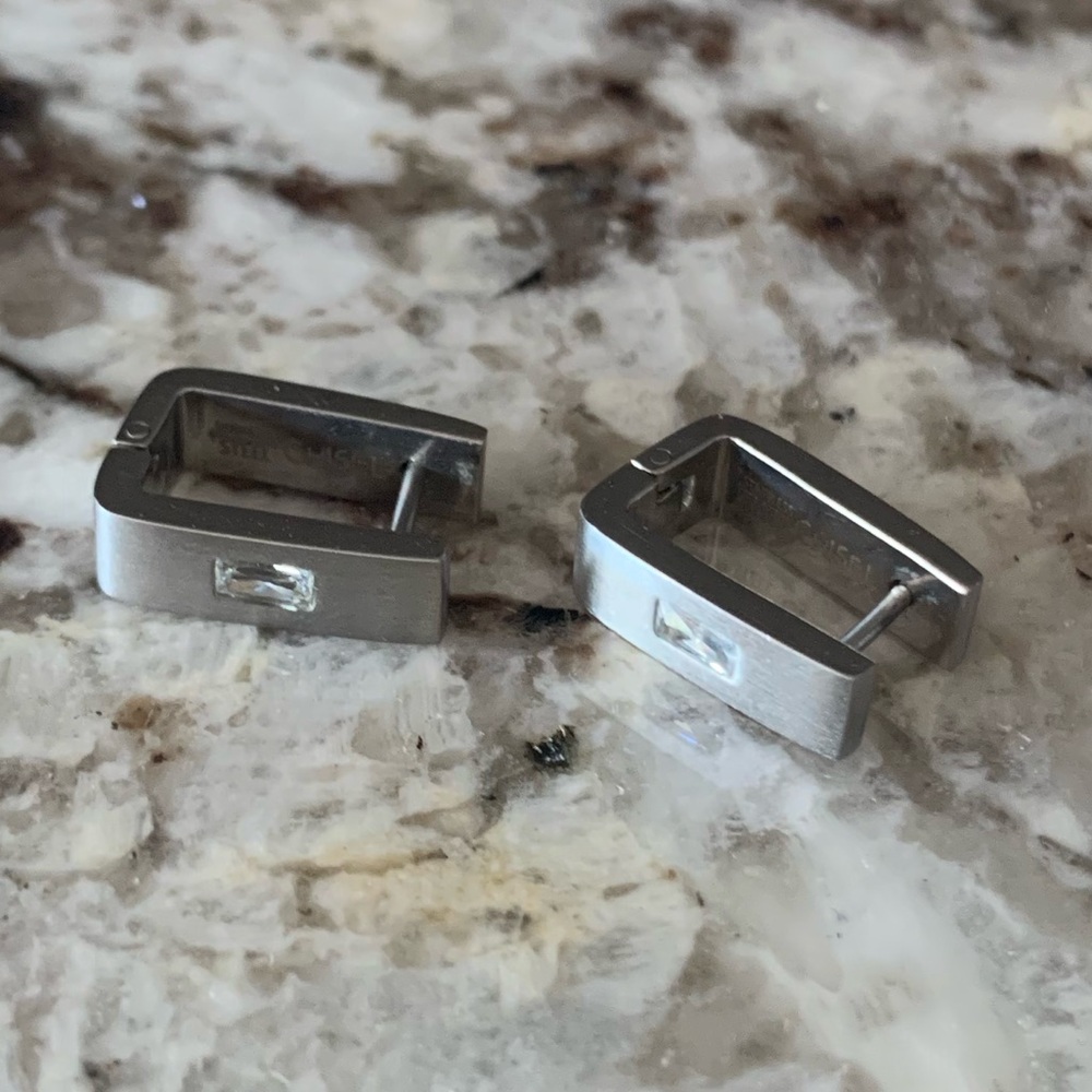 CHISEL Stainless Steel Square Huggies Earrings, CZ Stone